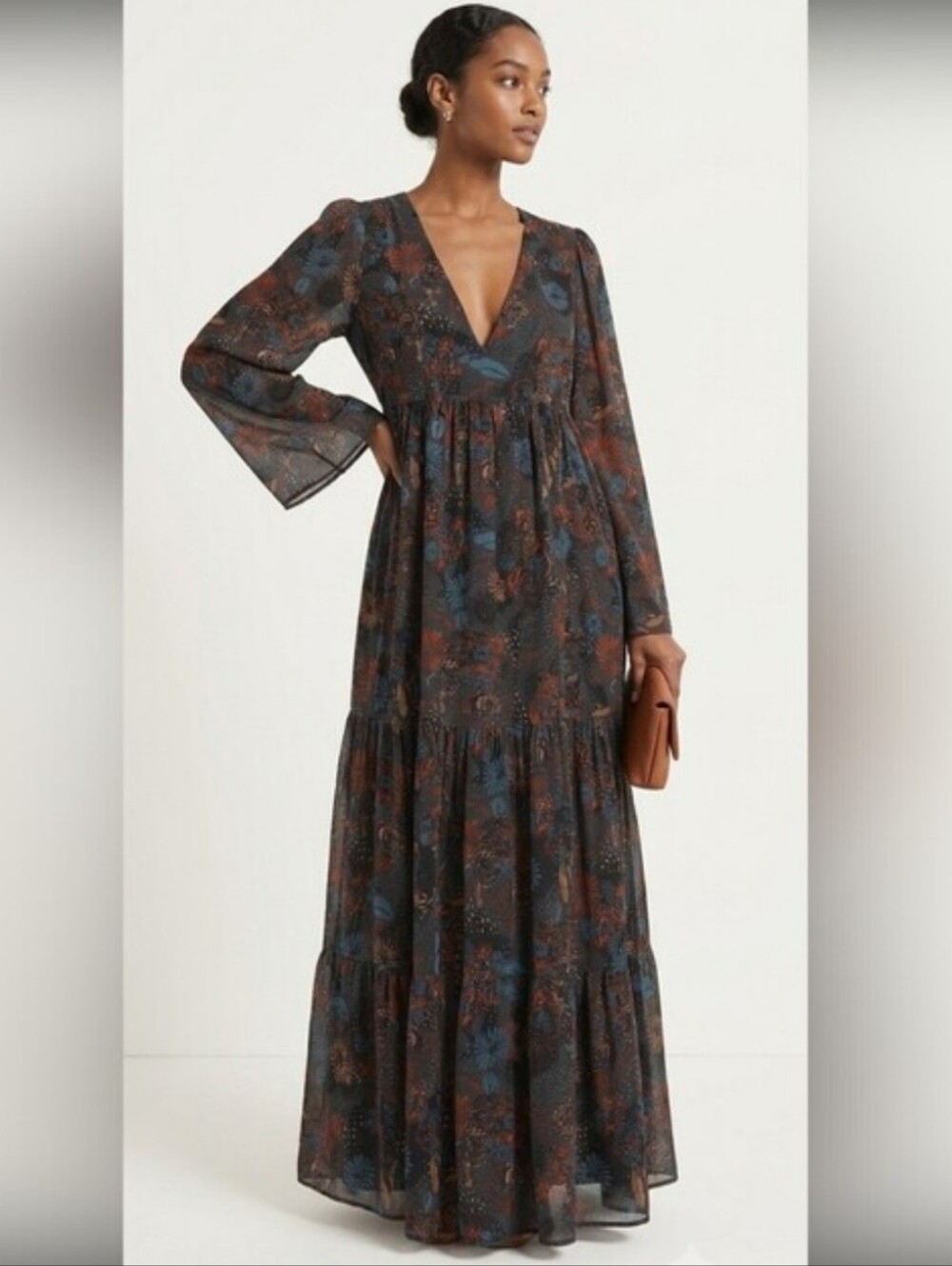 Free People Maxi Dress in Black with Brown and Teal Floral Print